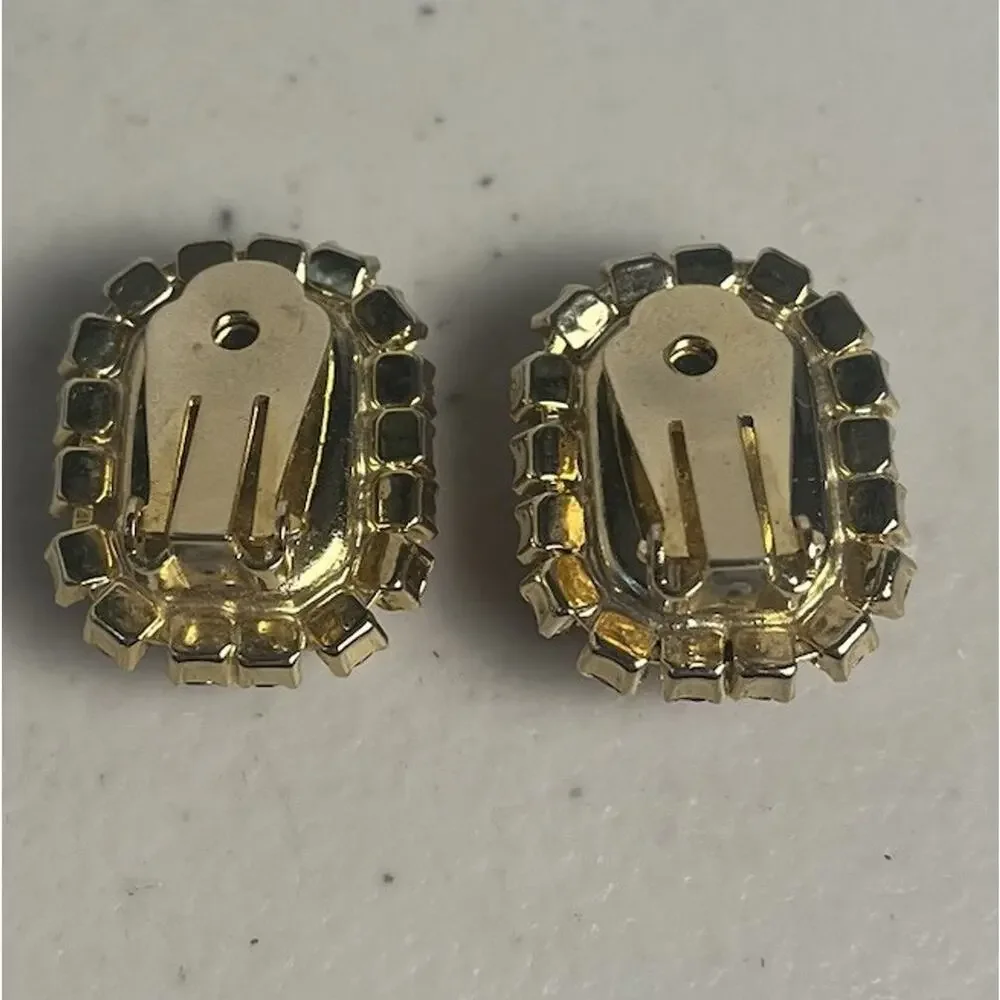 Pink Moonstone Art Glass Rhinestones Clip On Earrings 50s 60s MCM Mod Gold Tone